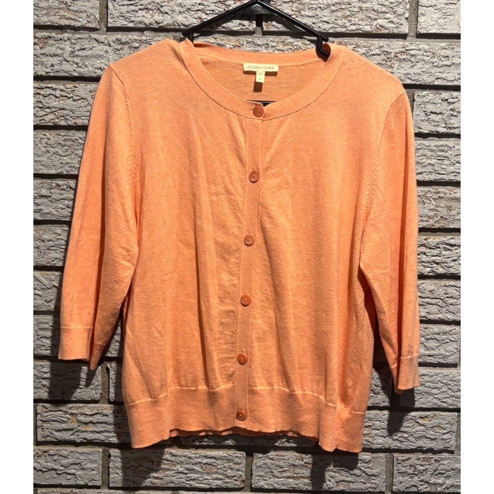 Eileen Fisher Organic Cotton Cashmere Cardigan Peach Coral 3/4 Sleeve Medium